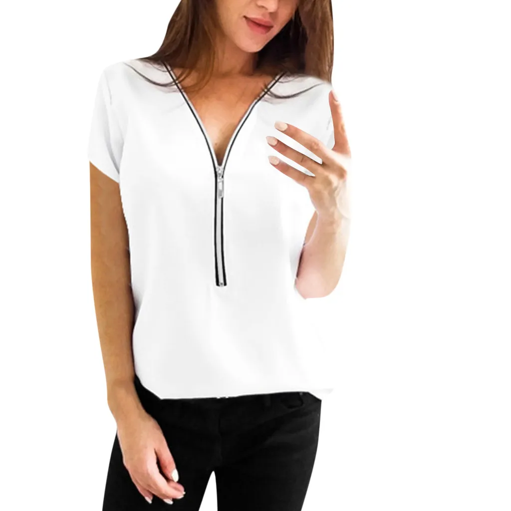 Женская Повседневная Футболка с v-образным вырезом на молнии свободная топ |