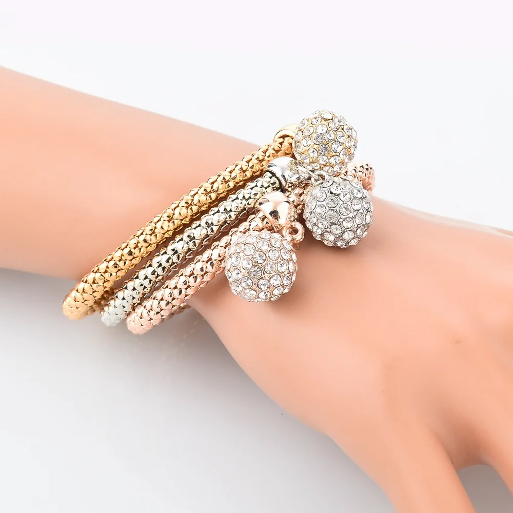 3Pcs Elastic Chain Gold Bracelets For Women 2019 Fashion Jewellery Crystal Ball Pendant Charm Pulseria SBR150181 | Украшения и