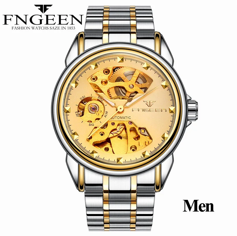 Men Two-tone Gold Reloj Mujer Tourbillon наручные часы со скелетом для женщин Horloge 30 м Водонепроницаемые стальные автоматические часы для мужчин часы для влюбленных - Цвет: Men Two-tone Gold
