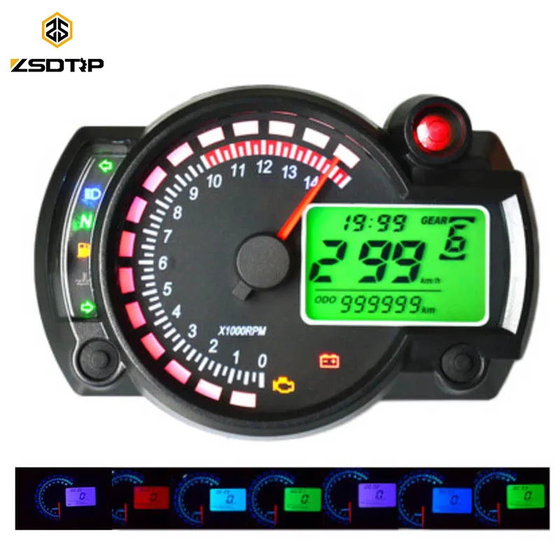 

ZSDTRP 299 Kmh Mph Universal Colorful Motorcycle Odometer Speedometer Tachometer Gauge 15000RPM Universal LCD Digital Kit