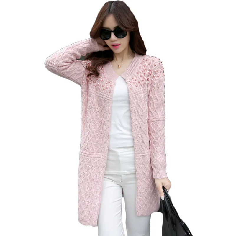 Женский длинный кардиган с жемчугом Трикотажный Свитер оверсайз длинным рукавом