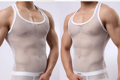 Сексуальные мужские майки из прозрачной сетчатой ткани, прозрачный сетчатый дышащий облегающий жилет без рукавов, Майки для фитнеса и спортзала
