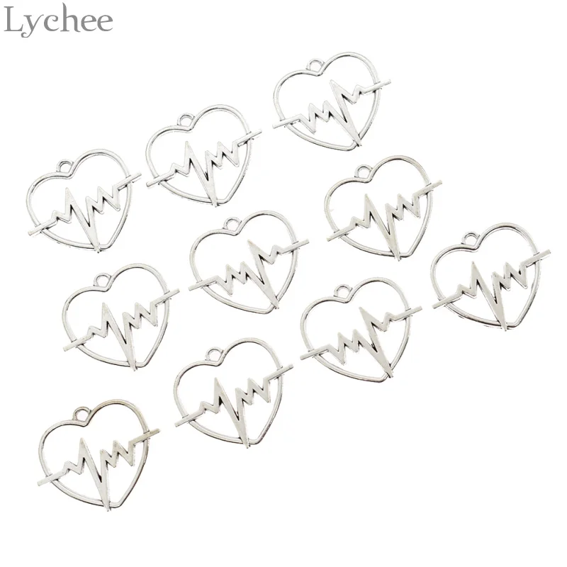 Lychee 10 шт. модный сплав ЭКГ кулон сердечко серебряного цвета Подвески DIY Подвеска