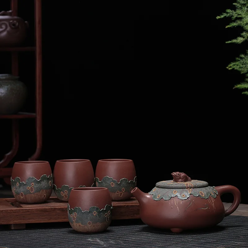 Yixing Purply Clay tea Teapot Raw Ore Purple Mud Gold Toad Lotus Leaf Pot Chinese Kongfu Tea Pots 4 cups 1 teapot | Дом и сад