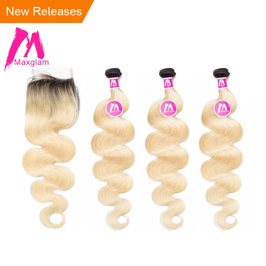 Maxglam объемная волна бразильские 3 пучки волос плетение с закрытием Ombre 1b/613 Remy