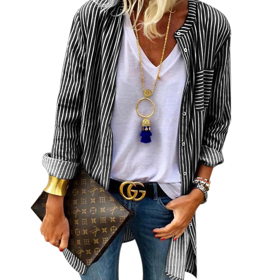 New Hot Women Fashion Loose Long Sleeve Buttons Pocket Striped Shirt Ladies Casual Baggy Blouse Cardigan Tops| |