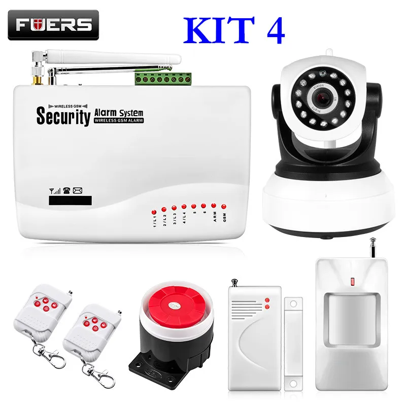 Fuers GSM сигнализация s охранная домашняя сигнализация комплекты Русский Голос с PIR датчиками движения дверные детекторы наружная IP камера - Цвет: KIT 4