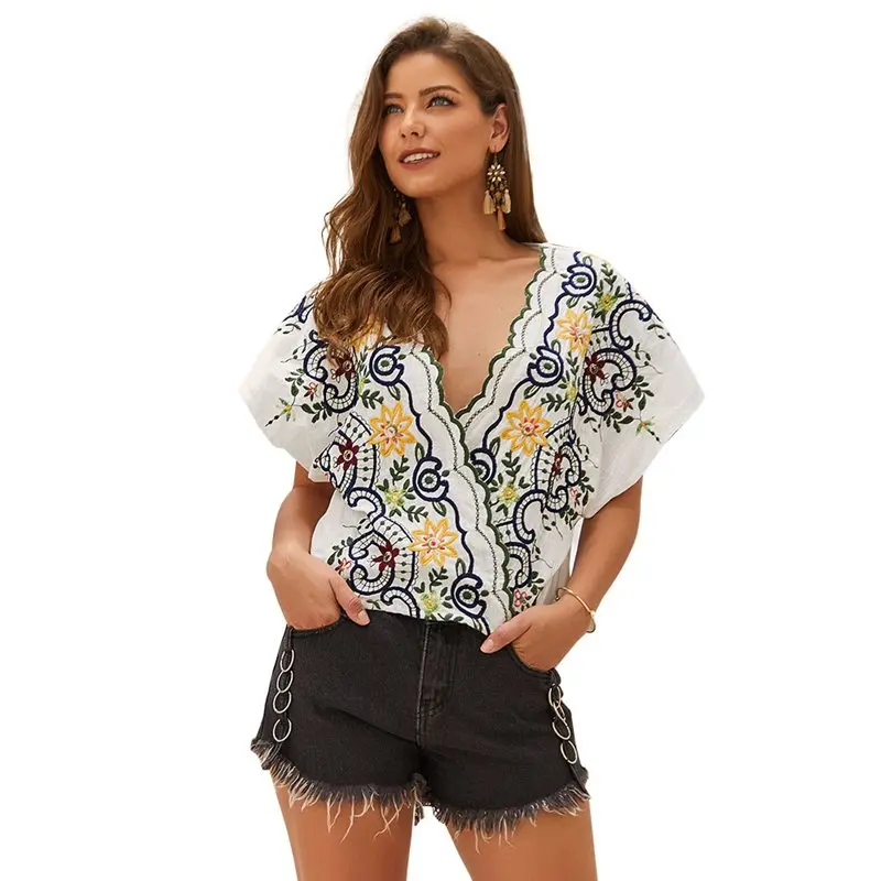 Летняя Цветочная вышивка блузка женская Бохо Сексуальная v образный вырез для