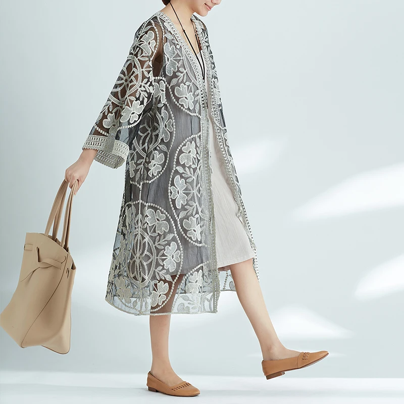 BOHOFREE прозрачное кружевное платье-кимоно с вышивкой женское платье цветочной