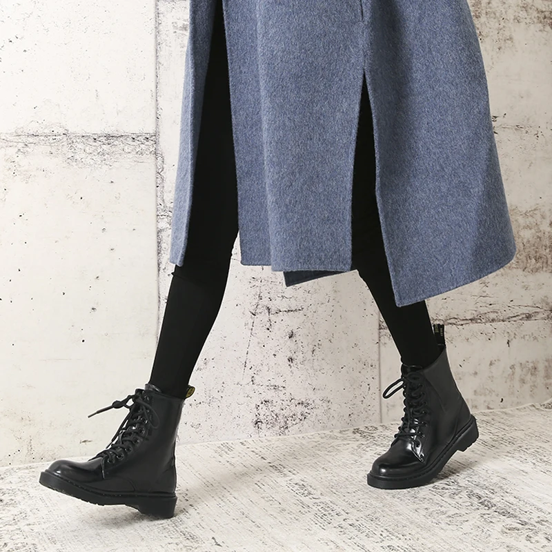 Baimier Winter Black Patent Leather Women Boots Fashion Round Toe Lace Up Ankle Boots For Women Warm Plush Women Winter Boots