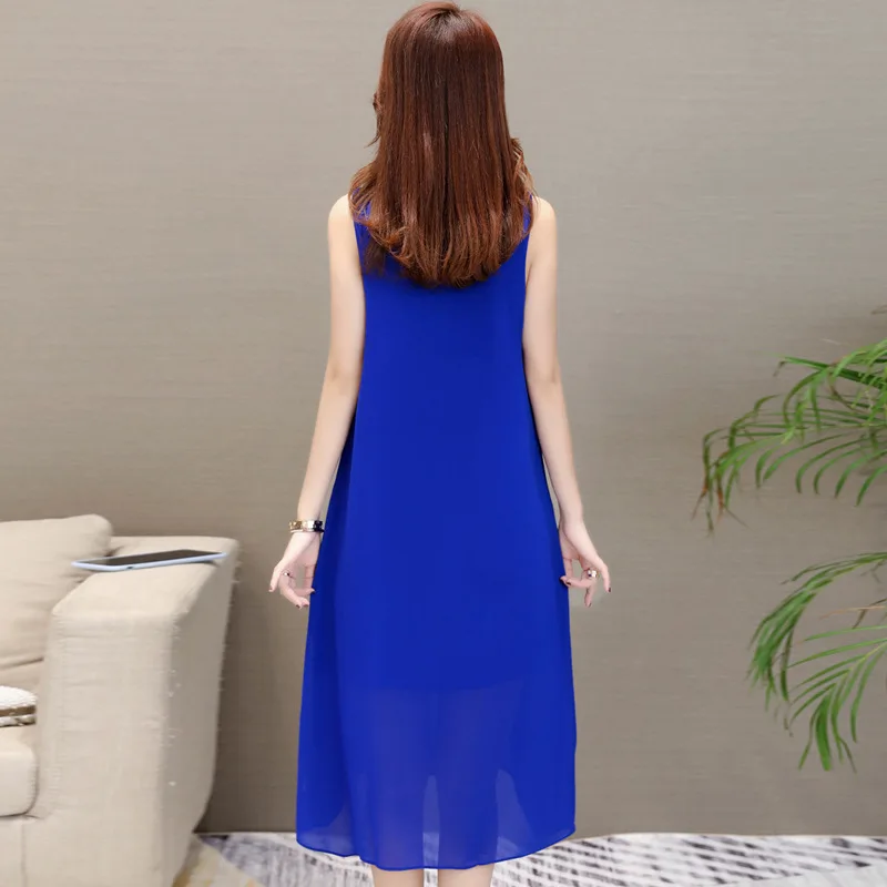 Casual Summer A Line Chiffon Dress Plus Size O Neck Knee Length Sleeveless Elegant Royal Blue Party Solid Colors | Женская одежда