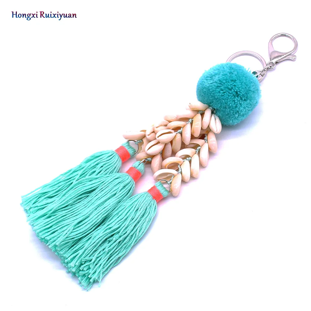 Новый брелок в богемном стиле виде ракушки с кисточками для ключей леди шарик