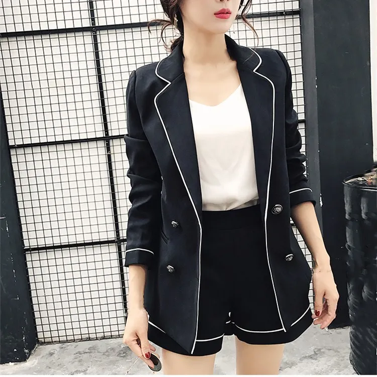 Women Zippers Short Pant Black Suits Button Spring Notched Collar Two Piece Sets Casual Hit Color Blazers Office Outfits | Женская