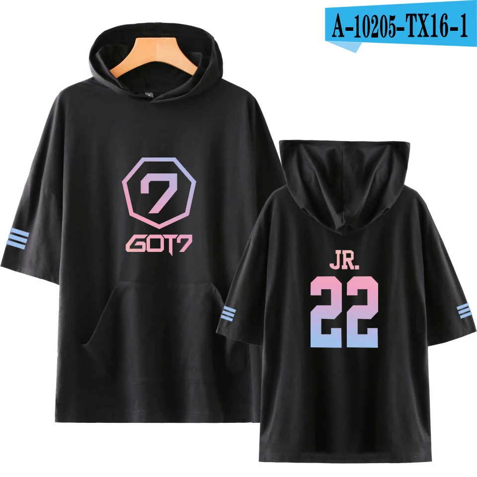 black LUCKYFRIDAYF GOT7 Ifashion поп печати короткий рукав толстовка с капюшоном Dragon Ball Harajuku Для женщин/Для мужчин в стиле «хип-хоп», с капюшоном, с принтами персонажей из 4XL - Цвет: black