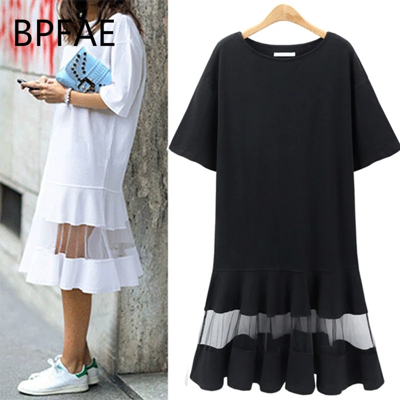 BPFAE 2018 Summer Women Plus Size Dress 3XL 4XL XXXL XXXXL Shift Loose Black White Mesh Short Sleeve T Shirt Vestido | Женская одежда
