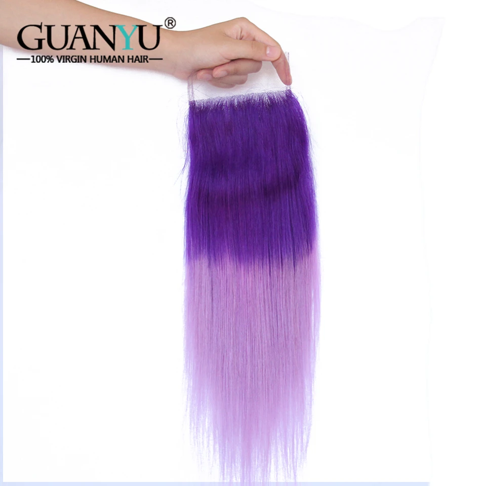 Guanyuhair светло-фиолетовый перуанский Ombre Hair 3 Связки с 4X4 кружева застежка фиолетовый цвет прямо Реми натуральные волосы ткет