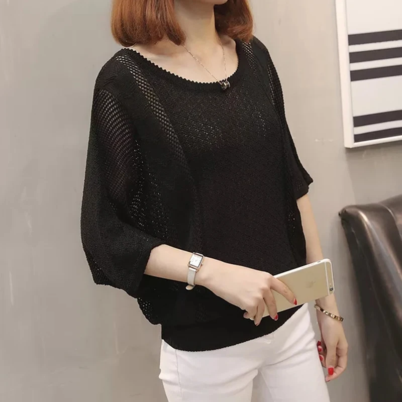 Women Summer Spring Sweater Hollow Out O-neck Transparent Female Jumper Bat Sleeve Ladies Pullover Loose | Женская одежда