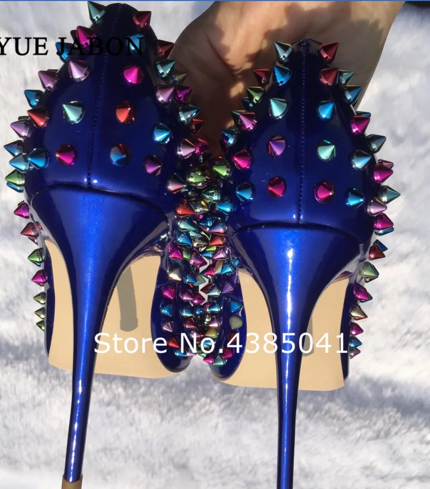 

Colorful Rivets Women Sexy Pointed Toe Pumps Extreme High Ultra Thin Heels Shoes Blue Ladies Patent Leather Luxury Party Shoes
