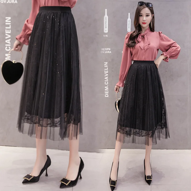 Весна 2019 Новое поступление плиссированная юбка качество ткани кружевная 4 цвета