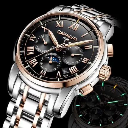 Rose gold Black Карнавал T25 Тритий Светящиеся механические часы мужские часы люксовый бренд Календарь автоматические наручные часы мужские Relojes Hombre - Цвет: Rose gold Black