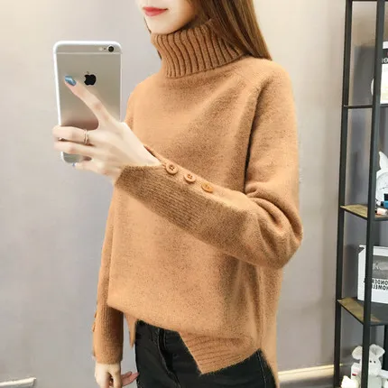 Ginger yellow Осенне-зимний женский вязаный свитер, пуловер с высоким воротником и длинным рукавом, свободный плотный свитер, Женский Теплый джемпер, мода 2472 - Цвет: Ginger yellow
