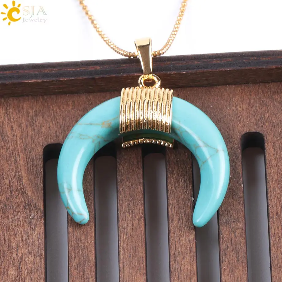 Green Turquoise CSJA Новая мода натуральный камень полумесяц половина лунное ожерелье, подвесное ожерелье с цепочкой золотого цвета проволока обернутая для женщин DIY Ювелирные изделия F063 - Окраска металла: Green Turquoise