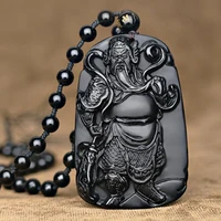 natural black obsidian carving guan yu pendant necklace mammon guan gong lucky amulet gift for men jewellery