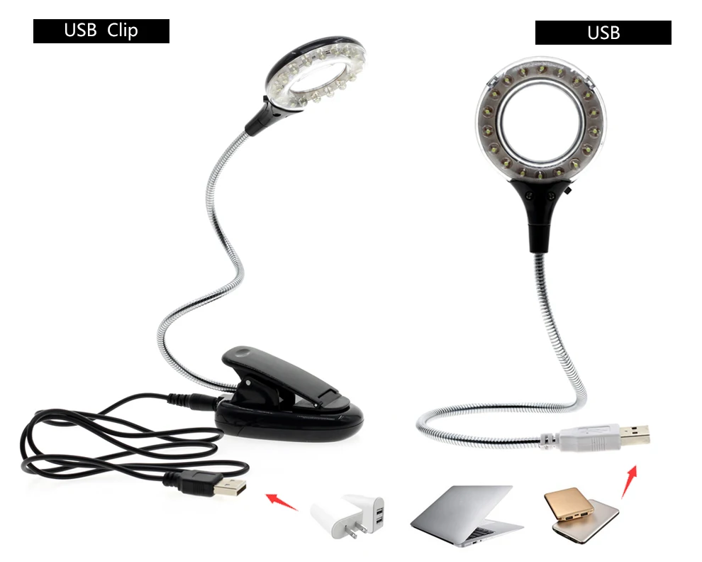LED Reading Book Light USB with Magnifier Clip Holder for Study Work 3X Magnifying Lens Adjustable Flexible Portable Desk Lamps