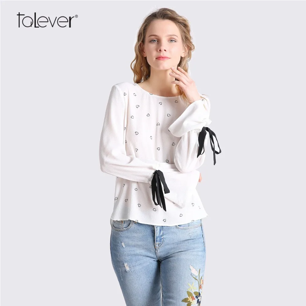 Women Fashion Chiffon Blouse Spring Casual Black Bow Ribbon Flare Sleeve Female Shirt Floral Printed White elegant Talever |