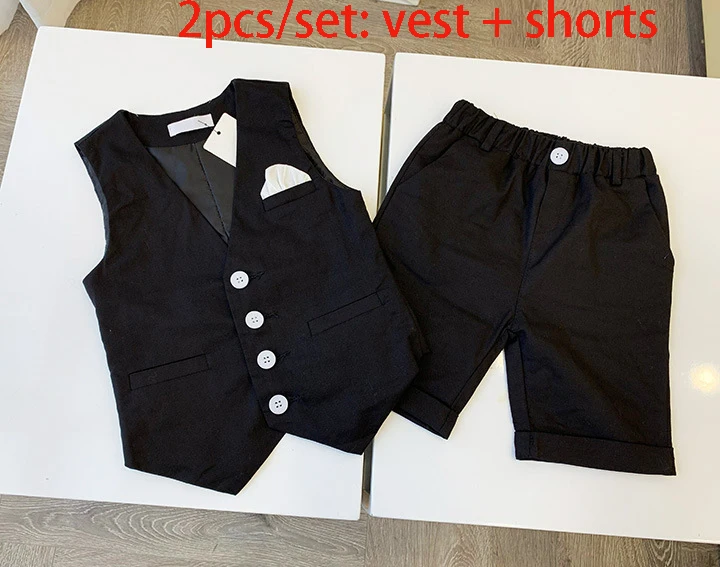 black 2pcs Детский вечернее свадебное платье жилет комплекты Летняя детская майка рубашки и шорты наряды цветок мальчиков фортепиано вечерние костюмы - Цвет: black 2pcs