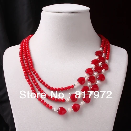 

New Fashion Multilayer 3 Rows necklace Red Coral Bead inlay Heart Real Pearl Necklace Woman Fashion Party