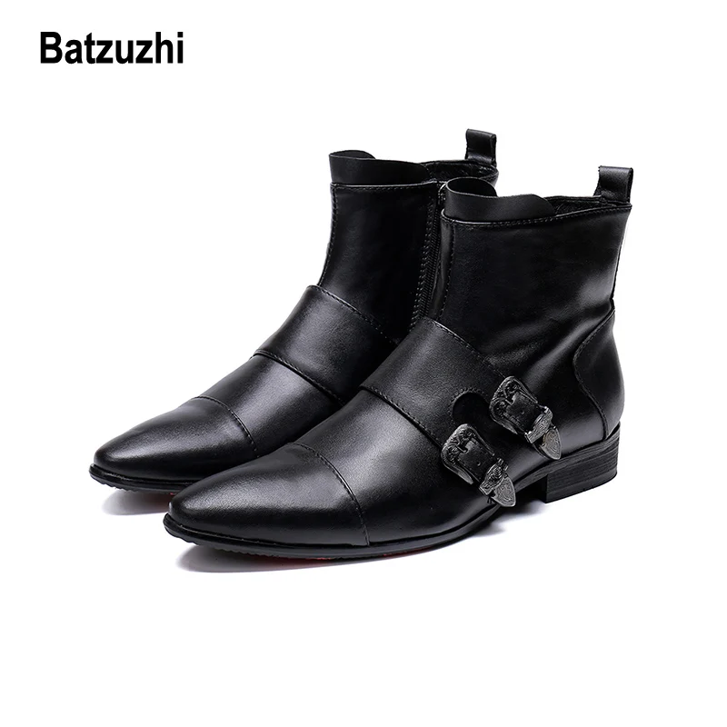Batzuzhi Fashion Men Shoes Boots Pointed Soft Genuine Leather Buckles Motorcycle Knight Work for Big US12 |