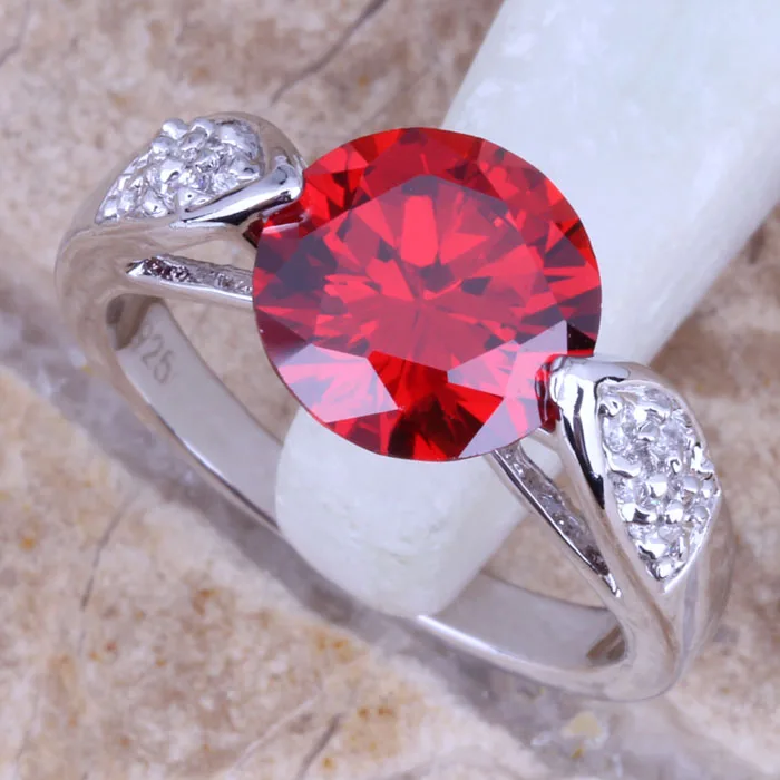 Кольцо с круглым красным гранатом и белым фианитом Размер 6 / 7 8 9 R0068|ring size|925 ringring