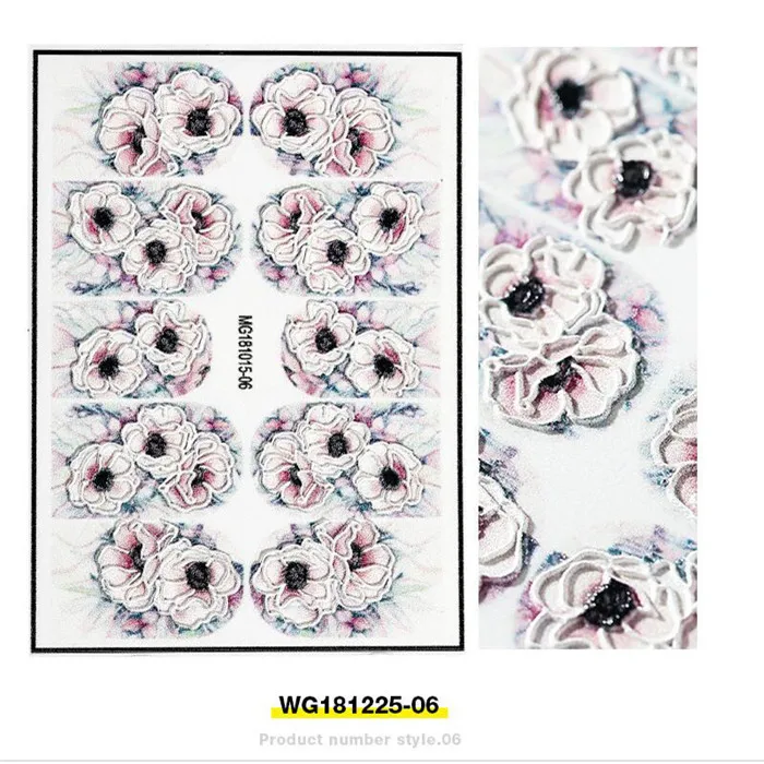 6 3D Nail Sticker Acrylic Engraved Unicorn Flower Embossed Flower Nail Water Slide Decals Nail Art Decorations - Цвет: 6
