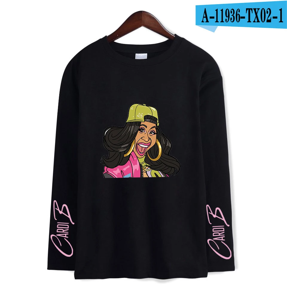 Cardi B стильная мягкая женская футболка с круглым воротником популярный классный хип-хоп классический хипстер Harajuku Уличная Повседневная футболка с длинными рукавами - Цвет: black