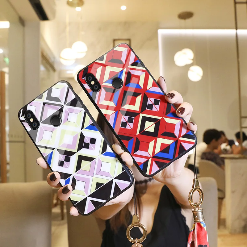 colorful geometric image design tempered glass rope soft silicon case For Xiaomi Mi 6X A2 Mi6 M6 5X A1 Note3 |