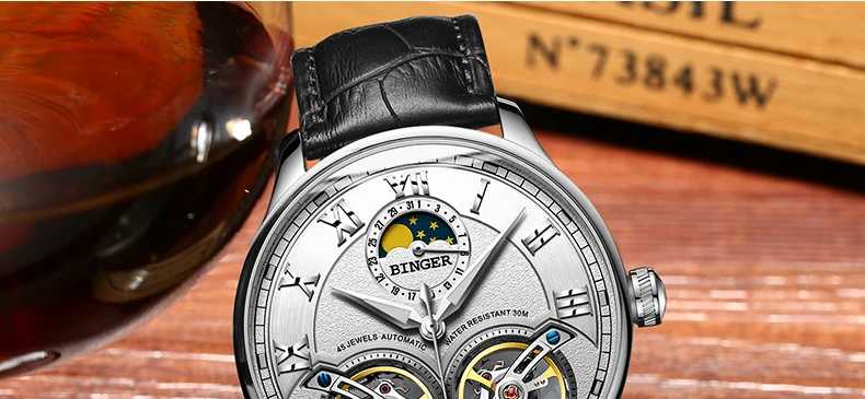 Швейцарские мужские часы с двойным Tourbillon, BINGER, автоматические часы для мужчин, модные механические наручные часы с кожаным ремешком