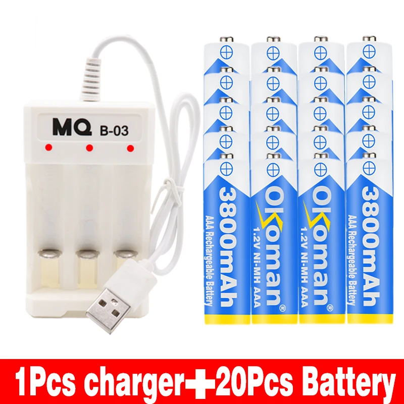 Синий 4-20 шт Okoman 1,2 V 3800mAh Ni-MH AAA предварительно Заряженная ni-mh аккумуляторная батарея aaa для игрушек камеры батареи для микрофона+ зарядное устройство - Цвет: Синий