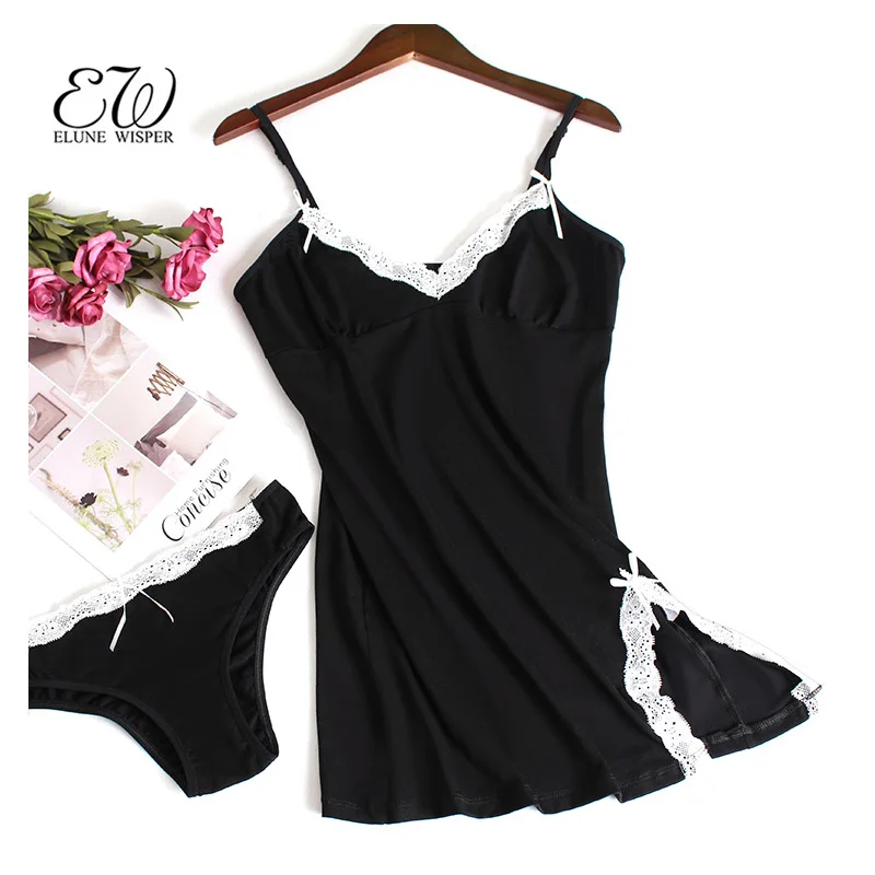 EW Sexy Cotton Nightgown Women lingerie Sleeveless Nightwear Sleepwear Female Lace Night Dress Homewear Nighty | Женская одежда