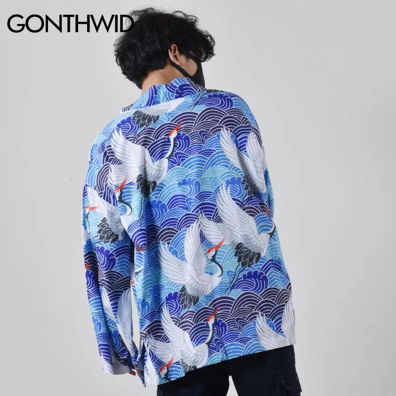 GONTHWID японское кимоно кардиган Haori куртки с длинным рукавом уличная одежда для