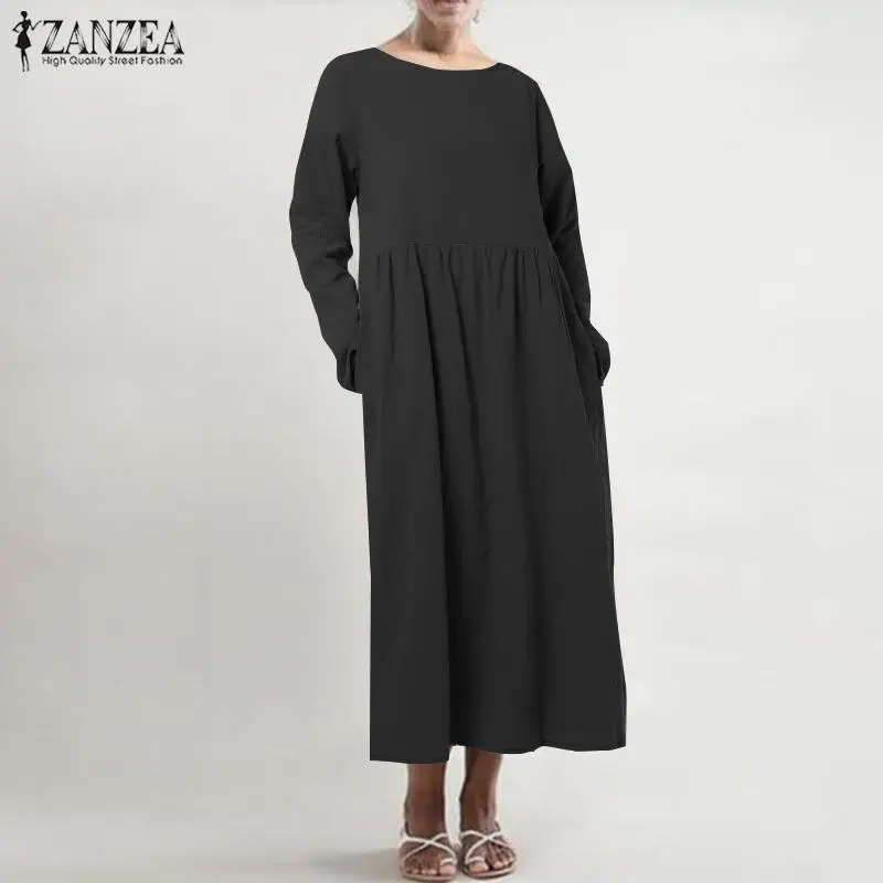 Long Sleeve Black Женский льняной сарафан ZANZEA размера плюс летнее платье миди Повседневная рубашка с коротким рукавом с высокой талией плиссированное платье Femme - Цвет: Long Sleeve Black