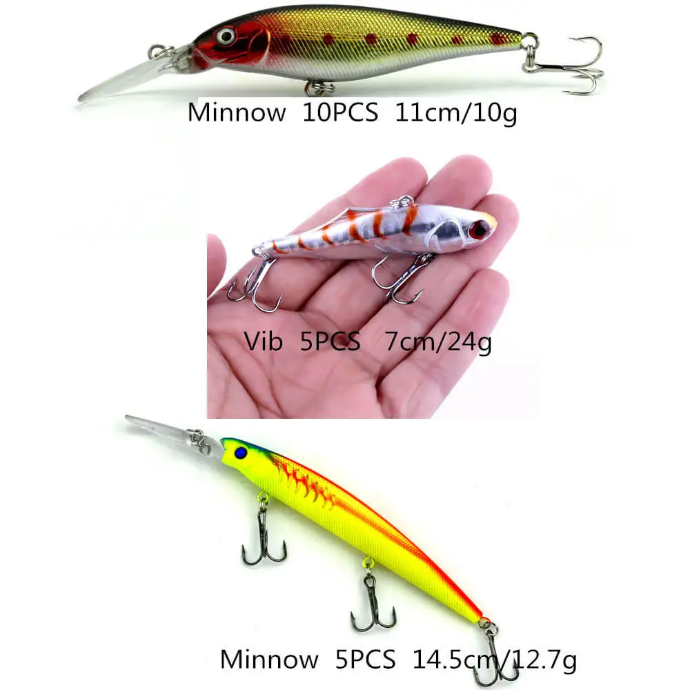 

20pcs/set Fishing Lure Bass Baits 7cm 14cm Hard Minnow VIB Crank baits Swimbait Plastic Bionic Lure Treble Hook Plastic Tackle