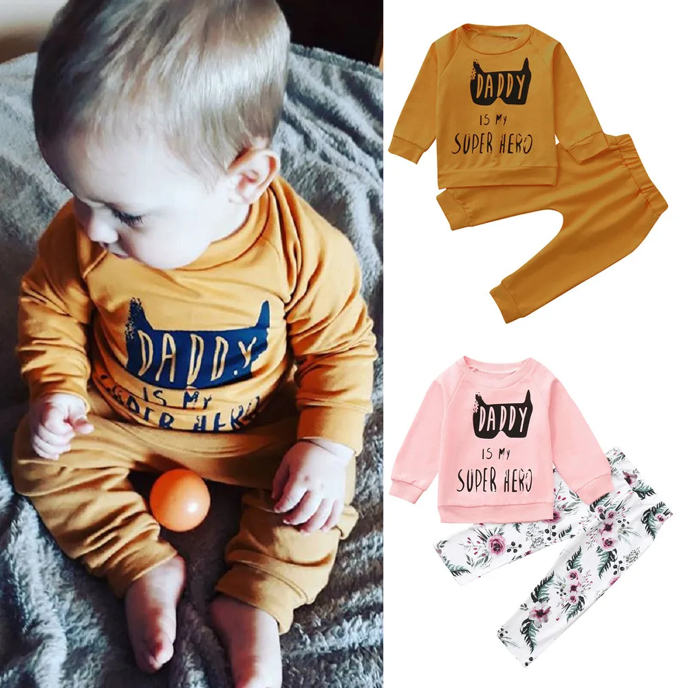 Toddler Boy Clothes 2019 Children Baby Outfits Girl Letter Tops T-shirt Pullover Sweatshirt+Pants 2pcs Set | Детская одежда и