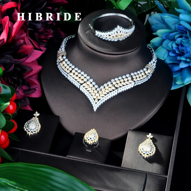 

HIBRIDE Luxury Design Pendant Double Tone Dubai Big Jewelry Set CZ Earrings Necklace Women Bridal Jewelry Set Party Gifts N-903