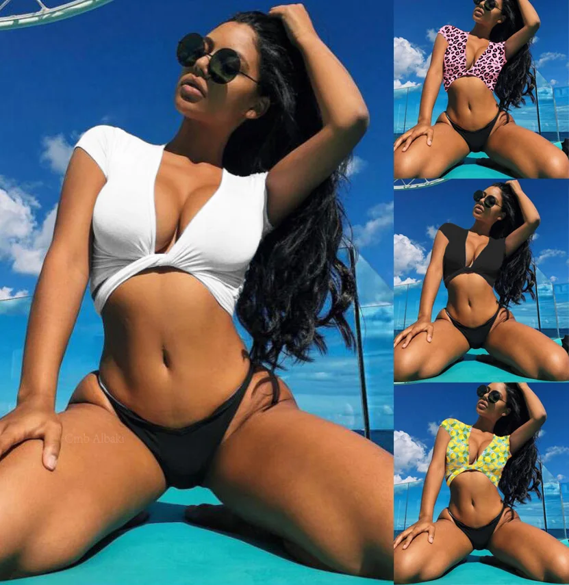 Сексуальный купальник из двух частей с V-образным вырезом бикини пуш-ап коротким