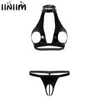 womens open crotch lingerie set sexy underwear wetlook faux leather hollow out open bust bra top with crotchless t back briefs