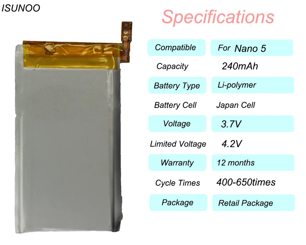 5 шт./лот Новинка 3 7 в литий ионная сменная батарея для iPod Nano го