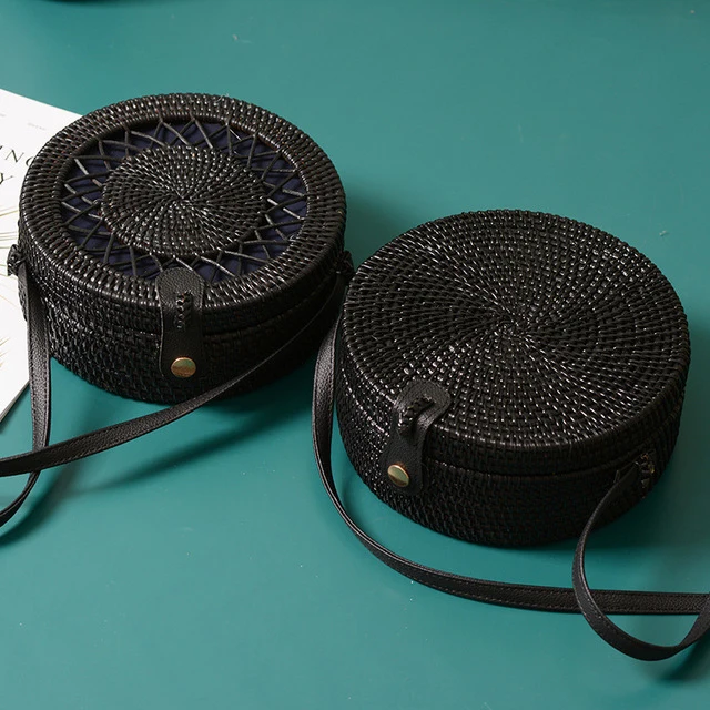 Черные круглые сумки из ротанга для женщин Сумка через плечо ручной работы