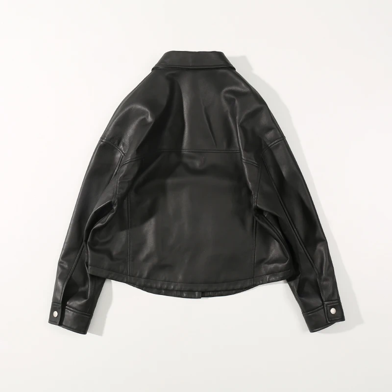 Кожаная одежда Короткая свободная Черная куртка из овчины осень 2019 | Женская