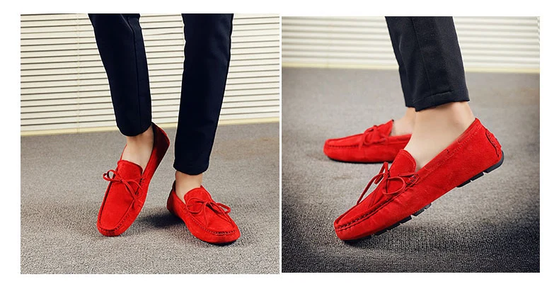 ALCUBIEREE New Arrived Fashion Solid Loafers Men Bowtie Lazy Shoes Suede Leather Moccasins Comfort Handmade Boat Smoking Shoes